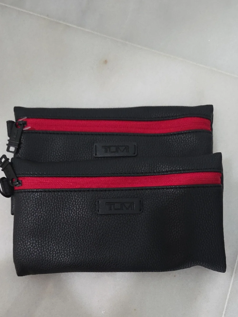 Tumi Black Pebbled Leather Double-Zip Pouch with Red Zippers 1 Pouch Include